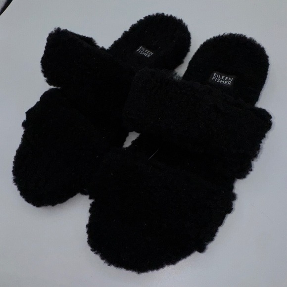 EILEEN FISHER Shoes Womens 7.5 Dello Shearling Slide Sandal Black Lamb Fur Slip - Picture 4 of 13